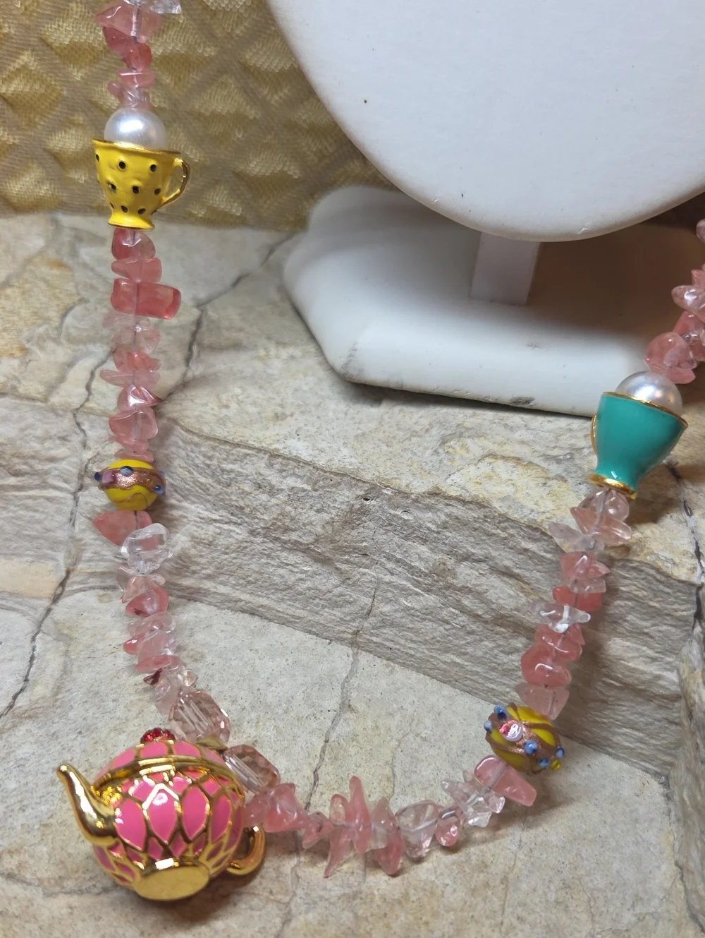 Tea Party Wedding Cake Beaded Necklace with Teapot Pendant & Tea Cup Earrings